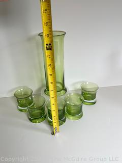 Set of Mid Century Green Cocktail Pitcher & Five (5) Glasses. Tall Glass around ~8"T