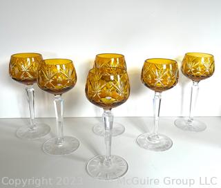 Six (6) Yellow Czech Bohemian Crystal Cut to Clear Glass Wine Glasses 7.5"T