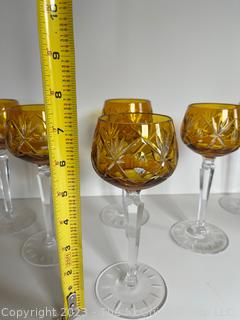 Six (6) Yellow Czech Bohemian Crystal Cut to Clear Glass Wine Glasses 7.5"T