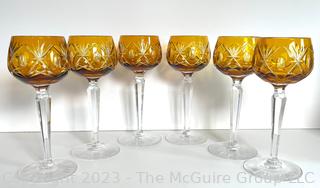 Six (6) Yellow Czech Bohemian Crystal Cut to Clear Glass Wine Glasses 7.5"T