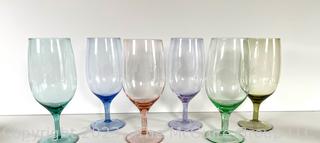 Six (6) Crystal Stemmed Glassware in Various Colors. 8"T