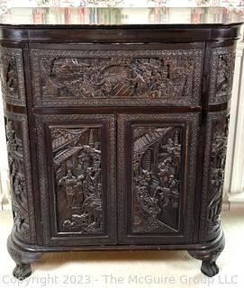 Chinese Carved Camphor Wood Flip Top Dry Bar and Liquor Cabinet, Possibly Made By George Zee, Shanghai Furniture Designer, with Brass Presentation Plaque.  34.5w x 17d x 40t"