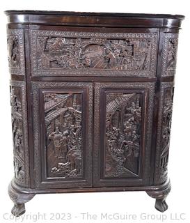 Chinese Carved Camphor Wood Flip Top Dry Bar and Liquor Cabinet, Possibly Made By George Zee, Shanghai Furniture Designer, with Brass Presentation Plaque.  34.5w x 17d x 40t"