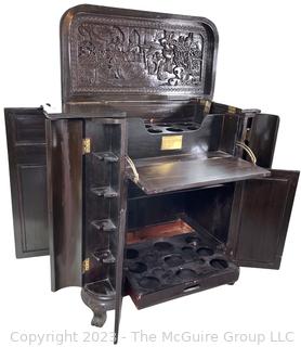 Chinese Carved Camphor Wood Flip Top Dry Bar and Liquor Cabinet, Possibly Made By George Zee, Shanghai Furniture Designer, with Brass Presentation Plaque.  34.5w x 17d x 40t"