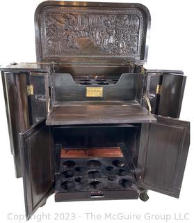 Chinese Carved Camphor Wood Flip Top Dry Bar and Liquor Cabinet, Possibly Made By George Zee, Shanghai Furniture Designer, with Brass Presentation Plaque.  34.5w x 17d x 40t"