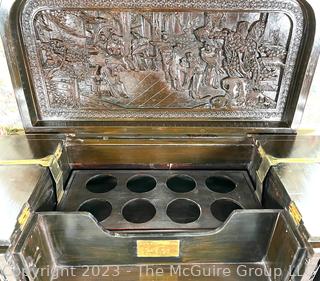 Chinese Carved Camphor Wood Flip Top Dry Bar and Liquor Cabinet, Possibly Made By George Zee, Shanghai Furniture Designer, with Brass Presentation Plaque.  34.5w x 17d x 40t"