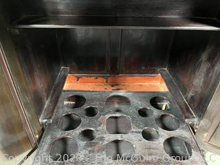 Chinese Carved Camphor Wood Flip Top Dry Bar and Liquor Cabinet, Possibly Made By George Zee, Shanghai Furniture Designer, with Brass Presentation Plaque.  34.5w x 17d x 40t"