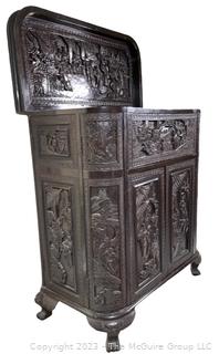 Chinese Carved Camphor Wood Flip Top Dry Bar and Liquor Cabinet, Possibly Made By George Zee, Shanghai Furniture Designer, with Brass Presentation Plaque.  34.5w x 17d x 40t"