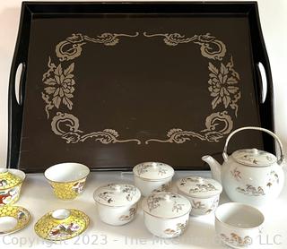 Black Lacquer Tray Made by The Chen Furniture Studio in Taiwan and Two (2) Porcelain Chinese Tea Sets. 