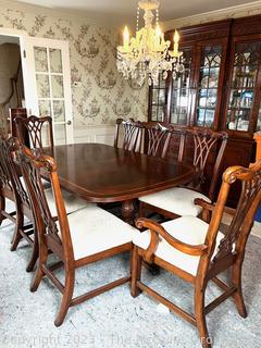 Mahogany Inlaid Dining Table with Eight (8) Dining Chairs (Two with Arms). With additional leaf.  Table 72"l x 46"w x 29" t. Chair 43"t x 25"w   Additional leaf 18" wide.