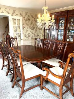 Mahogany Inlaid Dining Table with Eight (8) Dining Chairs (Two with Arms). With additional leaf.  Table 72"l x 46"w x 29" t. Chair 43"t x 25"w   Additional leaf 18" wide.