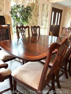 Mahogany Inlaid Dining Table with Eight (8) Dining Chairs (Two with Arms). With additional leaf.  Table 72"l x 46"w x 29" t. Chair 43"t x 25"w   Additional leaf 18" wide.