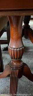 Mahogany Inlaid Dining Table with Eight (8) Dining Chairs (Two with Arms). With additional leaf.  Table 72"l x 46"w x 29" t. Chair 43"t x 25"w   Additional leaf 18" wide.