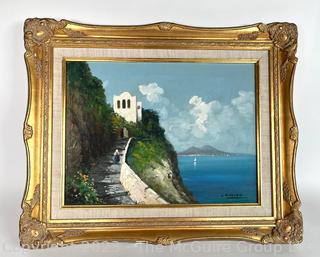 Framed Oil on Canvas of Italian Ocean View Signed by Artist Carlo Ciappa (1890-1970).  15" x 22".
