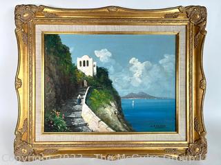 Framed Oil on Canvas of Italian Ocean View Signed by Artist Carlo Ciappa (1890-1970).  15" x 22".
