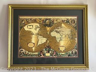 Framed Under Glass Gold Foil Double Hemisphere World Map - Nova Totius Terrarum Orbis Geographica Ac Hydrographica Tabula. 24 x 28"