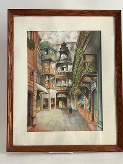 Framed Under Glass Watercolor Of Rathaus Frankfurt Germany Signed by Artist Schafer.  17 x 22"