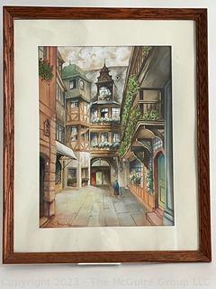 Framed Under Glass Watercolor Of Rathaus Frankfurt Germany Signed by Artist Schafer.  17 x 22"