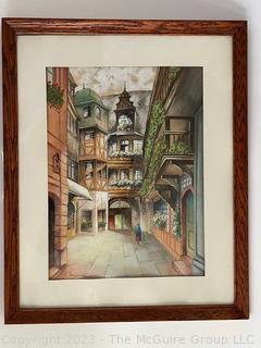 Framed Under Glass Watercolor Of Rathaus Frankfurt Germany Signed by Artist Schafer.  17 x 22"