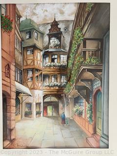 Framed Under Glass Watercolor Of Rathaus Frankfurt Germany Signed by Artist Schafer.  17 x 22"