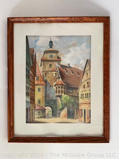 Framed Under Glass Watercolor on Paper of Rothenburg Weisser Turm Germany Signed by Artist Schafer.  Corner of glass is broken.  17 x 22"