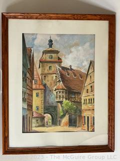 Framed Under Glass Watercolor on Paper of Rothenburg Weisser Turm Germany Signed by Artist Schafer.  Corner of glass is broken.  17 x 22"