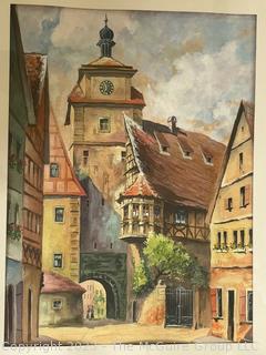 Framed Under Glass Watercolor on Paper of Rothenburg Weisser Turm Germany Signed by Artist Schafer.  Corner of glass is broken.  17 x 22"