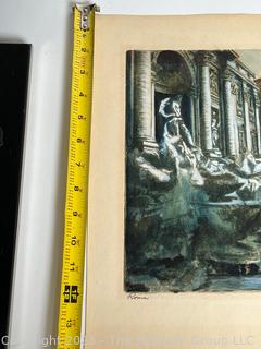 Framed Under Glass Hand Colored Lithograph of Trevi Fountain, Rome Italy Signed by Artist.  Signature Illegible. 