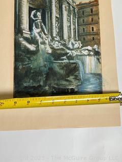 Framed Under Glass Hand Colored Lithograph of Trevi Fountain, Rome Italy Signed by Artist.  Signature Illegible. 