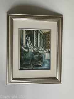 Framed Under Glass Hand Colored Lithograph of Trevi Fountain, Rome Italy Signed by Artist.  Signature Illegible. 