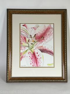 Framed Under Glass Watercolor of Stargazer Lily Signed by Artist Ruth Corlett, 2009   19" x 22"