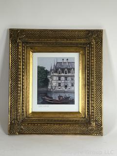 Framed Under Glass Print of Chateau on Lake Signed by Artist Tom Caldwell.  15" x 16"