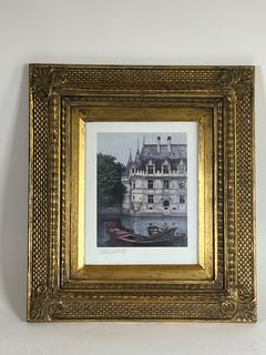 Framed Under Glass Print of Chateau on Lake Signed by Artist Tom Caldwell.  15" x 16"