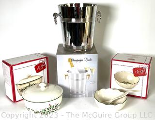 Lenox Christmas Holiday Serving Ware & Chrome Champagne Bucket, with Boxes