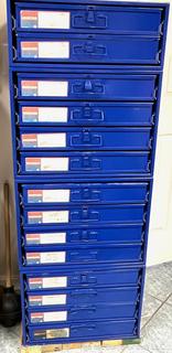 Fourteen (14) Drawer Blue Steel Stackable Assorted Fasteners and Tools Bins with Contents.  Separates into Four (4) Separate Cabinets. 20w x 16d x 54 (total height)"