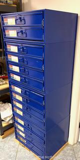 Fourteen (14) Drawer Blue Steel Stackable Assorted Fasteners and Tools Bins with Contents.  Separates into Four (4) Separate Cabinets. 20w x 16d x 54 (total height)"