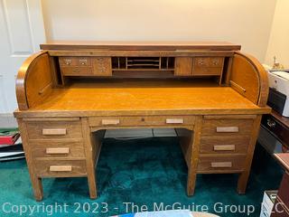 Oak Antique C Shape Roll Top Office or Library Desk. Separates into two pieces.  64w x 36d x 45h"