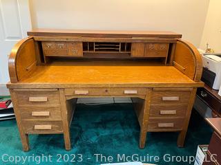 Oak Antique C Shape Roll Top Office or Library Desk. Separates into two pieces.  64w x 36d x 45h"