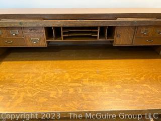 Oak Antique C Shape Roll Top Office or Library Desk. Separates into two pieces.  64w x 36d x 45h"