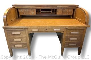 Oak Antique C Shape Roll Top Office or Library Desk. Separates into two pieces.  64w x 36d x 45h"