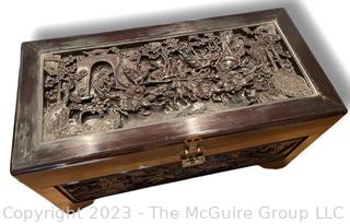 Hand Carved Chinese Camphor Wood Blanket Chest. With glass top and tray inside.  44"w x 24"d x 23"t 
