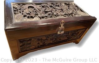 Hand Carved Chinese Camphor Wood Blanket Chest. With glass top and tray inside.  44"w x 24"d x 23"t 
