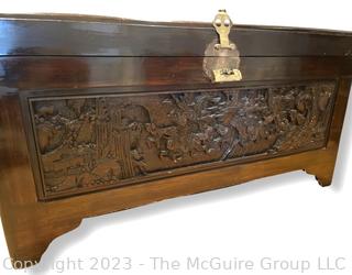 Hand Carved Chinese Camphor Wood Blanket Chest. With glass top and tray inside.  44"w x 24"d x 23"t 
