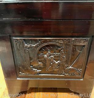 Hand Carved Chinese Camphor Wood Blanket Chest. With glass top and tray inside.  44"w x 24"d x 23"t 
