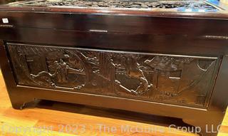 Hand Carved Chinese Camphor Wood Blanket Chest. With glass top and tray inside.  44"w x 24"d x 23"t 
