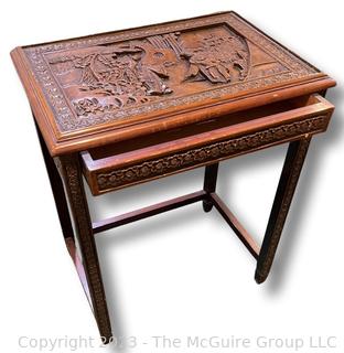 Chinese Hand-Carved Chinoiserie End Table with Narrow Drawer and Glass Top. This is the second of two offered in this auction.  20" x 14" x 25".