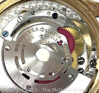 Circa 1970 ROLEX Oyster Perpetual Date - 26 Jewels, 5 positions Montres Movement.   Working. 1 Owner. Back was removed by technician to show authenticity of movement.  Case is stamped 14k. See all photos in the photo gallery.  Payment by certified funds only for this Lot.  