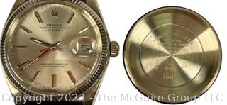 Circa 1970 ROLEX Oyster Perpetual Date - 26 Jewels, 5 positions Montres Movement.   Working. 1 Owner. Back was removed by technician to show authenticity of movement.  Case is stamped 14k. See all photos in the photo gallery.  Payment by certified funds only for this Lot.  