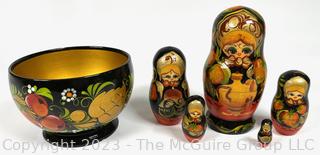 Russian Enamel Matryoshka Nesting Dolls and Russian Khokhloma Lacquer Berry Bowl.