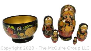 Russian Enamel Matryoshka Nesting Dolls and Russian Khokhloma Lacquer Berry Bowl.